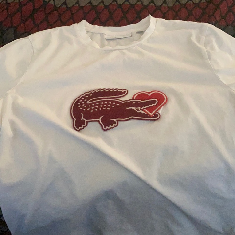 Lacoste White Short Sleeve Tee with Red Crocodile Heart Patch